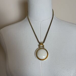 COACH White & Goldtone Round Pendant Necklace Serpent Chain
